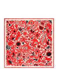 Roter Seidenschal mit floralen Mustern in Schwarz und Tiermotiven, umrahmt von einem einfarbigen roten Rand und einem cremefarbenen Hintergrund. Maße ca. 70x70 cm.