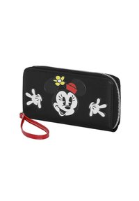 Cartera negra con cremallera que presenta un personaje de dibujos animados con un sombrero rojo y una flor amarilla. Incluye una correa roja para llevar en la muñeca.