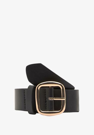 Černý kožený pásek se čtvercovou sponou ve zlatém tónu, s hladkým povrchem a elegantním designem. Spona zahrnuje jednoduchý, klasický styl.