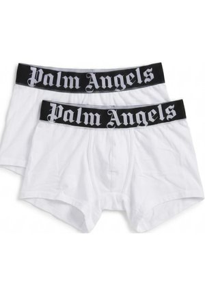 Due paia di boxer bianchi da uomo con elastici neri in vita con la scritta "Palm Angels" in grassetto con carattere gotico bianco.
