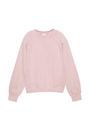 Felpa rosa chiaro con maniche raglan, colletto e orlo a costine. Tessuto morbido con una superficie liscia e dettagli di cucitura minimi.