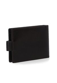 Dunkelbraune Leder-Geldbörse mit rechteckiger Form, ausgestattet mit einem seitlichen Knopfverschluss und sauberer Naht entlang der Kanten. Glatte Textur.