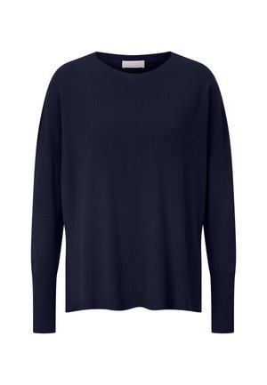 Maglione a collo tondo blu navy con maniche lunghe, polsini a coste e vestibilità rilassata. Realizzato in materiale morbido e leggero.