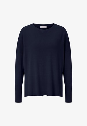 Maglione a collo tondo blu navy con maniche lunghe, polsini a coste e vestibilità rilassata. Realizzato in materiale morbido e leggero.