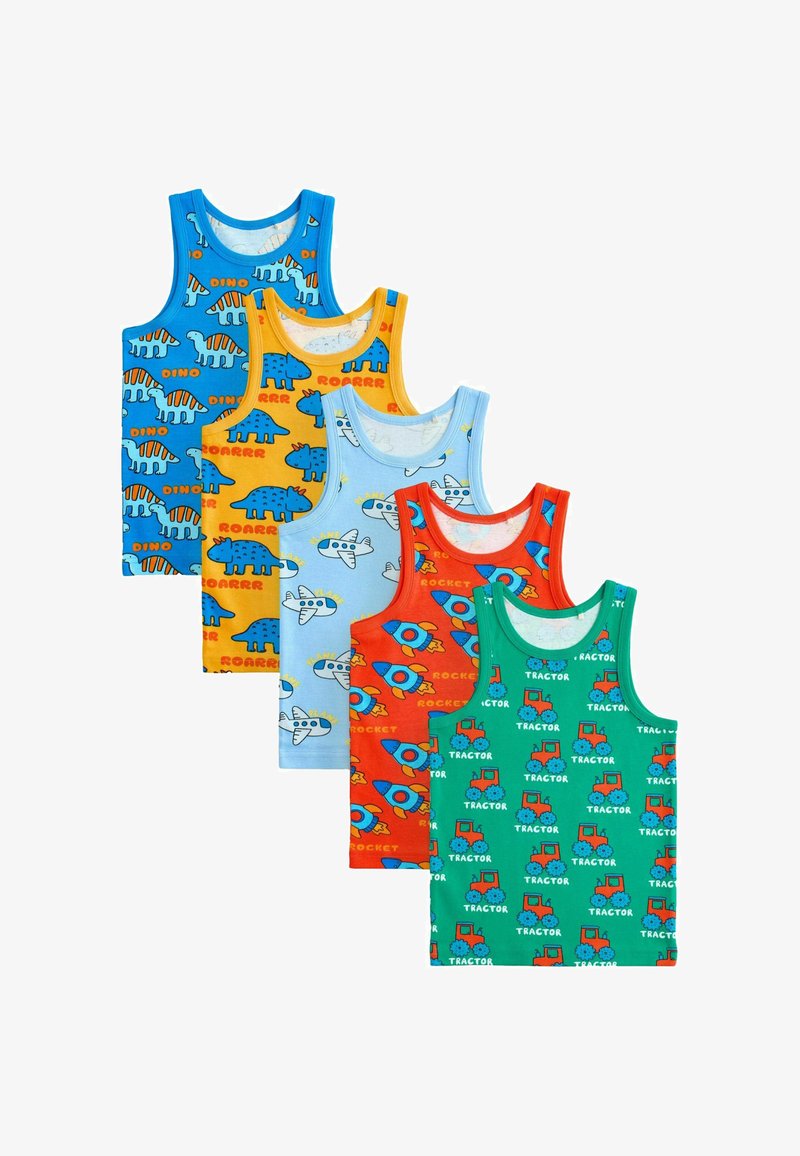 Cinq débardeurs colorés pour enfants avec des imprimés de dinosaure, avion, fusée et tracteur disposés en rangée décalée.