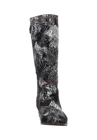 Black knee-high boots with a swirling white-gray pattern. Features a smooth texture, red stitching accents, and a pointed toe design.