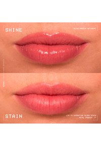 Lèvres corail rose brillantes étiquetées « Shine » au-dessus de lèvres corail rose mates étiquetées « Stain », montrant deux effets de gloss à lèvres en gros plan.