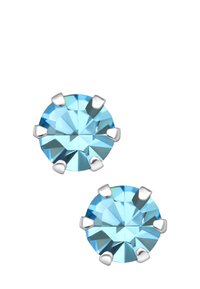 Blauwe kristallen stud oorbellen met een ronde vorm, voorzien van een gefacetteerd ontwerp. Geplaatst in zes zilverkleurige steunen voor een veilige bevestiging.