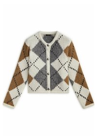Cardigan texturé en crème, marron et gris ; présente un motif argyle, un col en V et une fermeture à cinq boutons. Style court avec des manches longues.