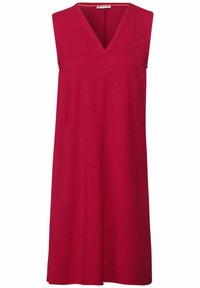 Abito rosso senza maniche con scollatura a V, silhouette a trapezio e tessuto morbido. Design semplice e pulito, senza motivi o accenti visibili.