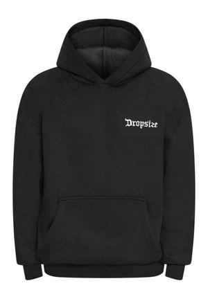 Black hoodie made of soft fabric features a front pocket and a drawstring hood. "Dropsize" logo is printed in white on the left chest area.