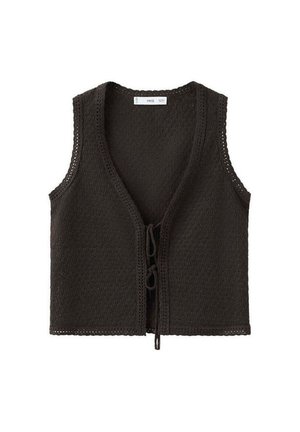 Zwarte gebreide mouwloze vest met V-hals en striksluitingen aan de voorkant, met een gestructureerde, handgemaakte uitstraling.