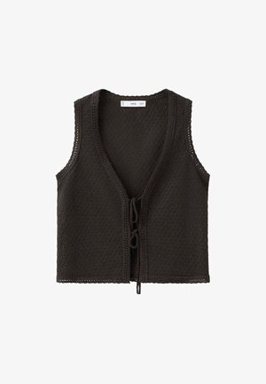 Veste sans manches noire en maille avec col en V et fermetures à nouer à l'avant, avec une apparence texturée et artisanale.
