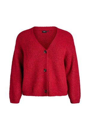Red knitted cardigan featuring a V-neck, front button closure, and long sleeves. The texture is soft and chunky with a ribbed pattern.