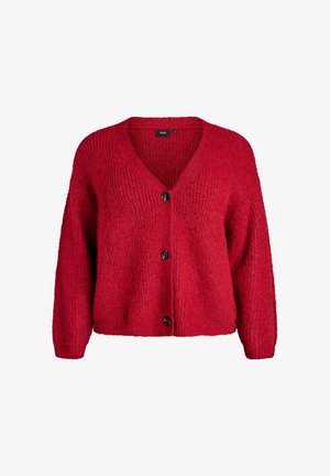 Red knitted cardigan featuring a V-neck, front button closure, and long sleeves. The texture is soft and chunky with a ribbed pattern.