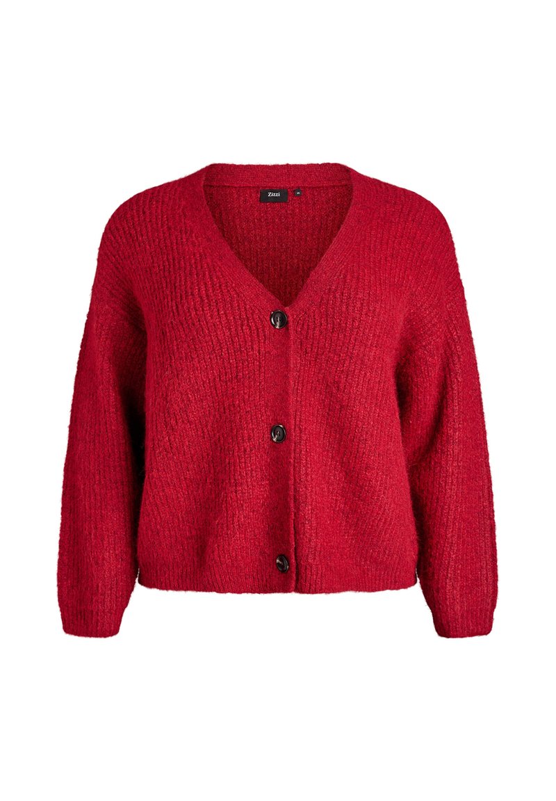 Rdeča pletena jopica z V-izrezom, sprednjim zapiranjem na gumb in dolgimi rokavi. Tekstura je mehka in debela z rebrastim vzorcem.