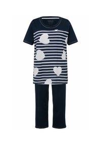 Námořnická bavlněná pyžamová sada obsahující pruhovanou krátkozávěsovou košili s bílými srdíčky a ladícími jednobarevnými námořnickými kalhotami. Měkká textura, volný střih.