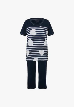 Marineblå bomulds pyjamas sæt med en stribet T-shirt med korte ærmer og hvide hjerter samt matchende ensfarvede marineblå bukser. Blød tekstur, afslappet pasform.