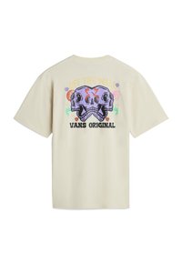 Krémové bavlněné tričko s duálním motivem lebky na zadní straně, doplněné barevnými akcenty a textem "OFF THE WALL VANS ORIGINAL."