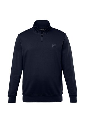 Sudadera de color azul marino con cuello con cremallera, mangas largas y un logo tonal en el lado izquierdo del pecho. Tejido suave con una textura lisa.