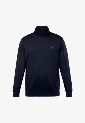 Felpa blu navy con collo a zip, maniche lunghe e logo tono su tono sul lato sinistro del petto. Tessuto morbido con una superficie liscia.