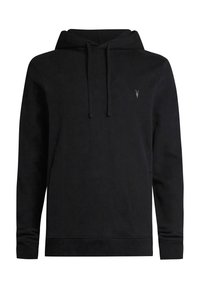 Haut à capuche noir en coton avec une poche kangourou, des poignets côtelés et un petit logo brodé sur la poitrine. Il est doté d'une capuche avec cordon de serrage.