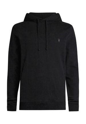 Sudadera de algodón negra con bolsillo canguro, puños acanalados y un pequeño logo bordado en el pecho. Presenta una capucha con cordón.