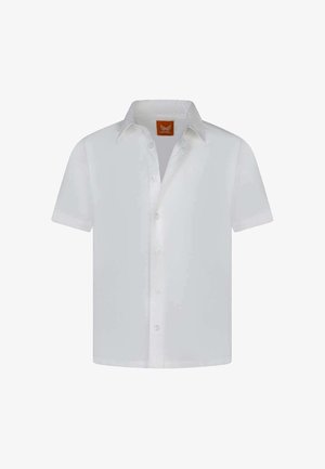 Chemise blanche à manches courtes avec boutons et col, présentée sur un fond blanc uni.