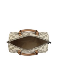 Borsa a tracolla a scacchi beige e bianca con manici in pelle color tan e zip in argento, mostrata aperta con l'interno vuoto visibile.
