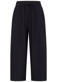 Black, wide-leg pants made of a soft fabric. Features an elastic waistband with a drawstring for adjustable fit. Mid-calf length.
