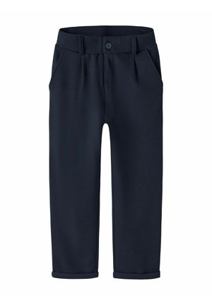 Marinefarbene Hose aus glattem Stoff mit Knopfverschluss, Gürtelschlaufen, zwei Seitentaschen und hochgekrempeltem Saum.