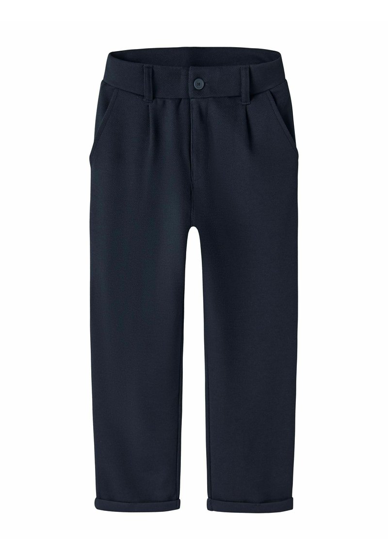 Mornarske hlače iz gladkega materiala z gumbom za zapiranje, zankami za pas, dvema stranskima žepoma in zvitimi robovi.