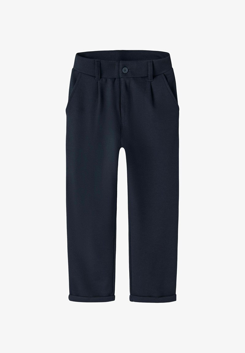 Mornarske hlače iz gladkega materiala z gumbom za zapiranje, zankami za pas, dvema stranskima žepoma in zvitimi robovi.