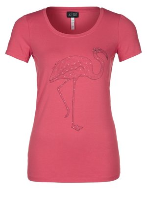 Pink cotton T-shirt featuring a flamingo graphic in gray with white accents. Short sleeves and a round neckline.