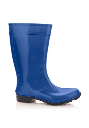 Niebieski, wodoodporny gumowy but z czarną, bieżnikowaną podeszwą, do wysokości połowy łydki, o gładkiej powierzchni, zaprojektowany do warunków wilgotnych.