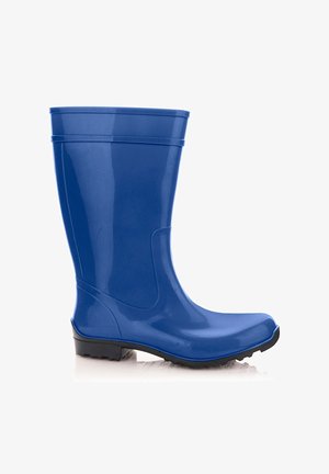 Niebieski, wodoodporny gumowy but z czarną, bieżnikowaną podeszwą, do wysokości połowy łydki, o gładkiej powierzchni, zaprojektowany do warunków wilgotnych.