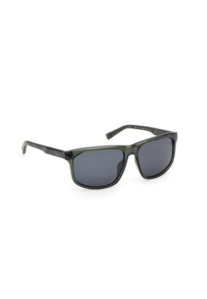 Black and green sunglasses with rectangular lenses, dark tinted lenses, textured arms, and pronounced browline design.