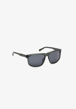 Schwarze und grüne Sonnenbrille mit rechteckigen Gläsern, dunkeltönenden Linsen, strukturierten Bügeln und ausgeprägtem Augenbrauenrahmen-Design.