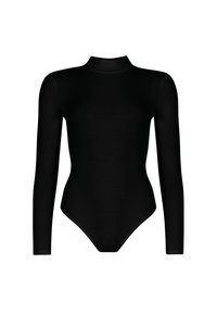 Bodysuit noir à manches longues avec col montant, fabriqué en tissu lisse. Présente un design ajusté avec un fond thong et sans matériel visible.