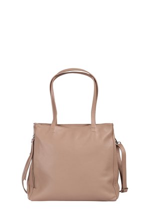 Beige leren shopper met dubbele schouderbanden en een verstelbare zijriem, met een ritssluiting aan de zijkant.