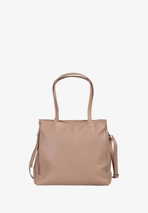 Beige leren shopper met dubbele schouderbanden en een verstelbare zijriem, met een ritssluiting aan de zijkant.