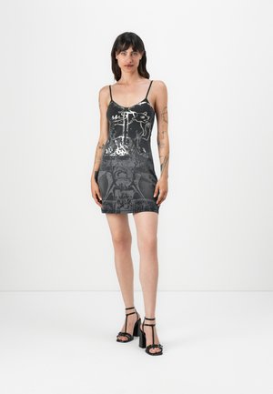 Black mini dress with spaghetti straps, featuring a metallic graphic print, fitted silhouette, and a hemline just above mid-thigh.