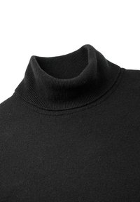 Schwarzer gestrickter Rollkragenpullover mit einem gerippten Kragen und einer weichen Textur, ausgestattet mit einem glatten, nahtlosen Design und ohne sichtbare Muster.