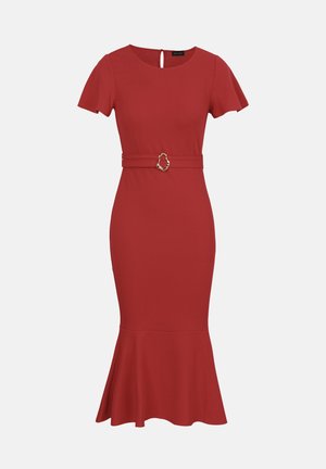 Rode aansluitende midi-jurk met korte mouwen, ronde halslijn, uitlopende zoom en tailleceintuur met decoratieve gesp.