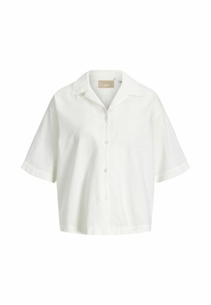 Valge lühikeste varrukatega nööpidega särk, kraega, lõdva lõike ja peene tekstuuriga kangamustriga.