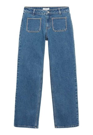 Svetlomodré denimové džínsy so strihom rovného nohavice, piatimi vreckami a kontrastným prešívaním. Materiál sa zdá byť pevný s hladkou textúrou.