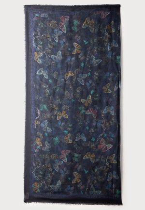 Dunkelblauer Schal mit mehrfarbigen Schmetterlingen und kleinen Blumenmustern, die über die gesamte Oberfläche verstreut sind, mit einem dezenten strukturierten Rand.