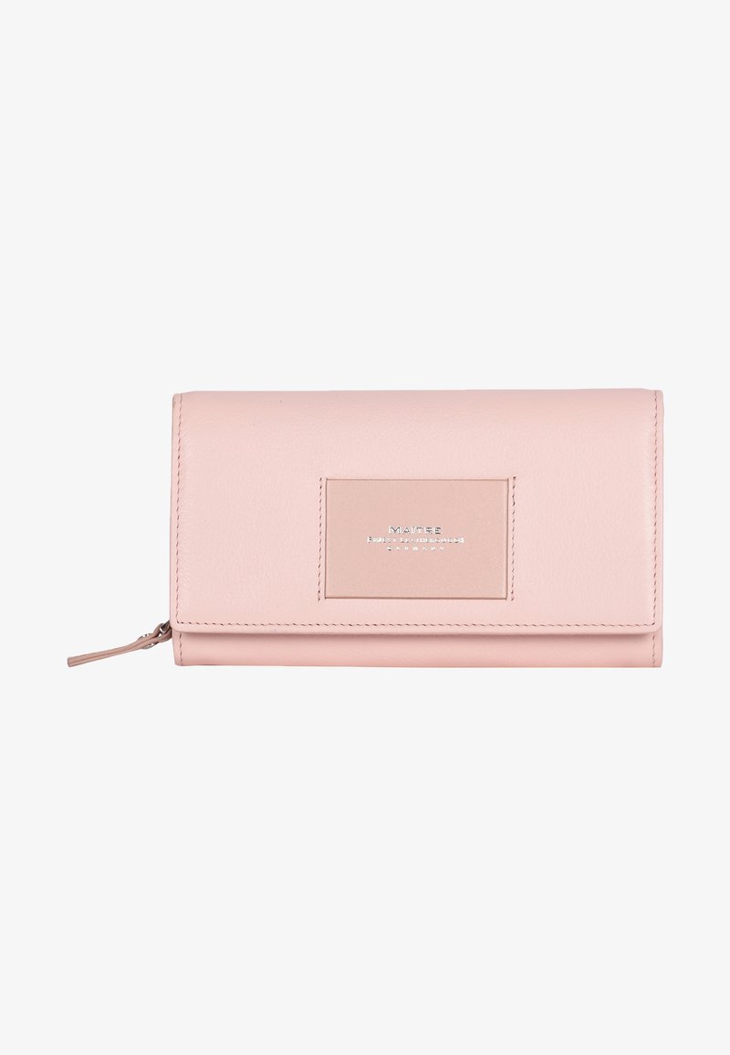 Pink leather wallet with a smooth texture, zip closure, and a metallic logo plate on the front. Compact, rectangular design.