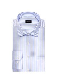 Chemise habillée à manches longues rayée verticalement bleu et blanc avec col et poignets boutonnés, soigneusement pliée.
