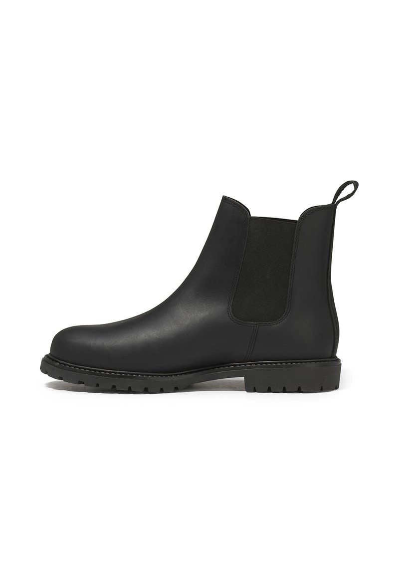 Botte Chelsea en cuir noir avec panneau latéral élastique, tirant à l'arrière et semelle en caoutchouc robuste pour une bonne traction.